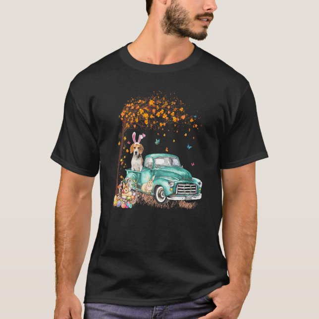 Beagle  Dog Bunny Truck Hippie Hunt Egg Tree Easte T-Shirt (Front)
