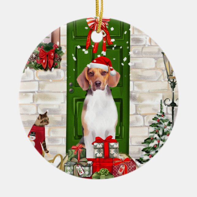 Beagle Dog Christmas  Ceramic Tree Decoration (Front)