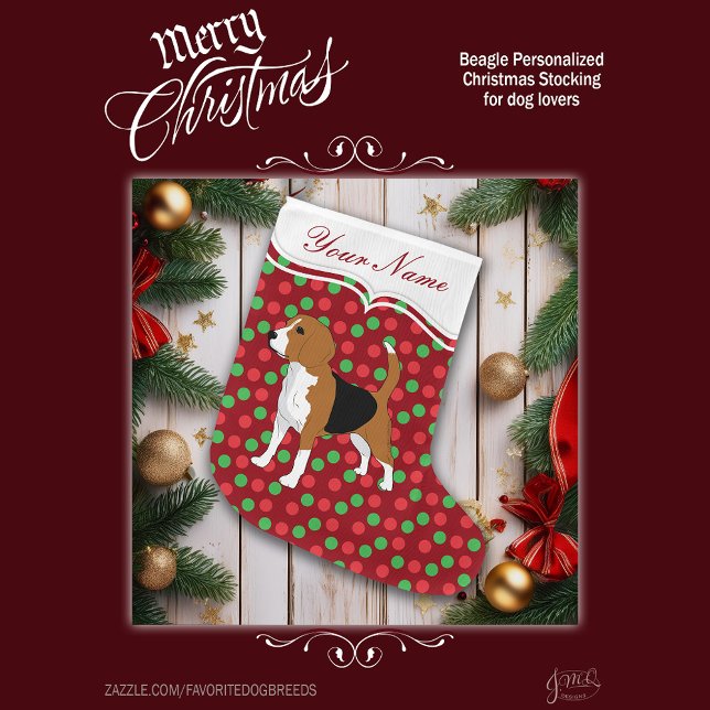 Beagle Dog Christmas Red Dots Personalised Large Christmas Stocking (Personalize this stocking with a name to make a great addition to your holiday decor.)