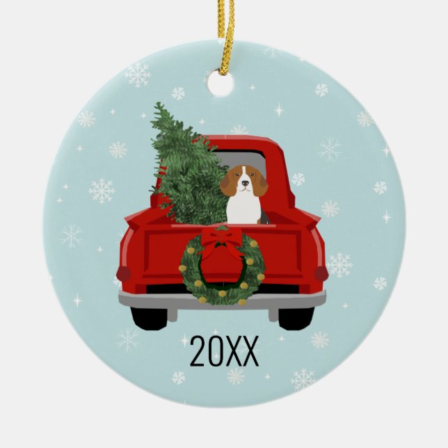Beagle dog christmas red truck ceramic tree decoration (Front)