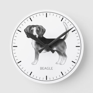 Beagle Dog Design In Black And White With Text Round Clock