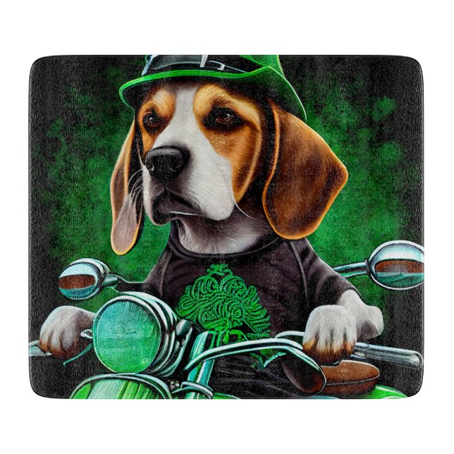 Beagle Dog driving bike St. Patrick's Day Cutting Board (Front)