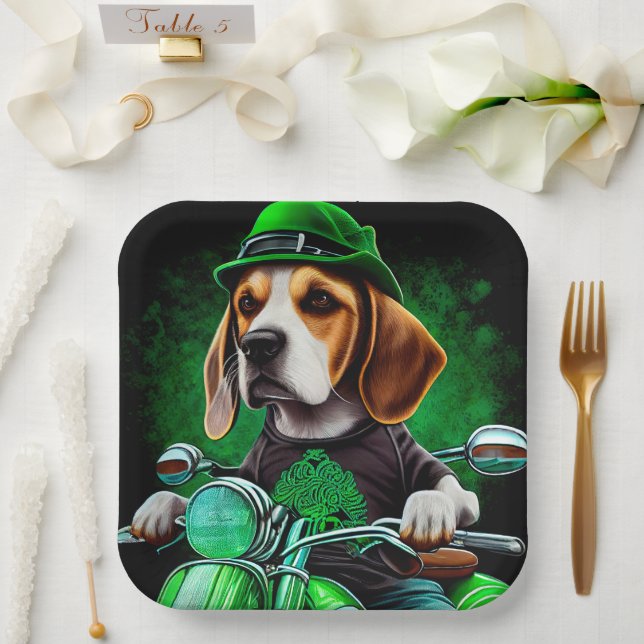Beagle Dog driving bike St. Patrick's Day Paper Plate (Wedding)