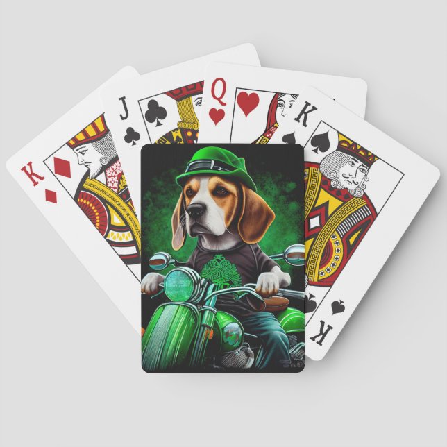 Beagle Dog driving bike St. Patrick's Day Playing Cards (Back)