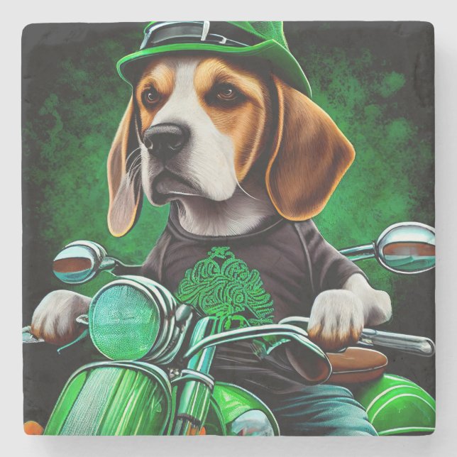 Beagle Dog driving bike St. Patrick's Day Stone Coaster (Front)