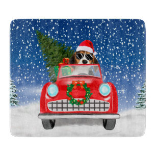Beagle Dog Driving Car In Snow Christmas Cutting Board