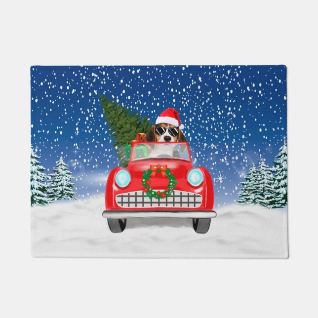 Beagle Dog Driving Car In Snow Christmas  Doormat (Front)