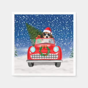 Beagle Dog Driving Car In Snow Christmas  Napkin