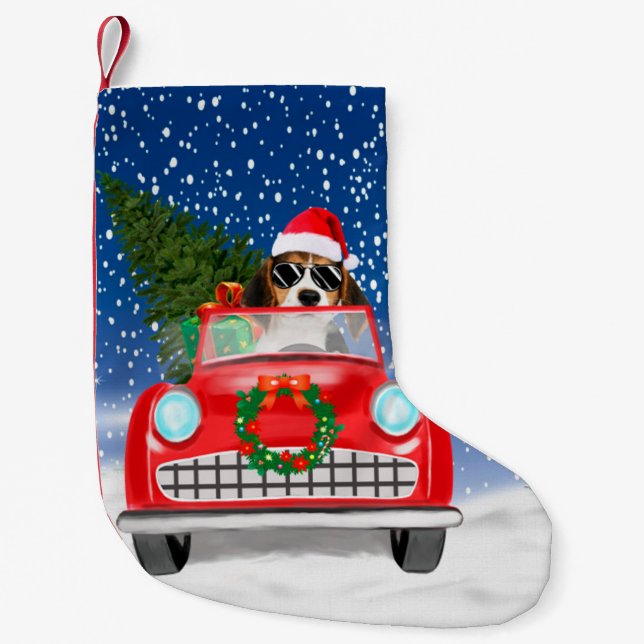 Beagle Dog Driving Car In Snow Christmas  Small Christmas Stocking (Front)