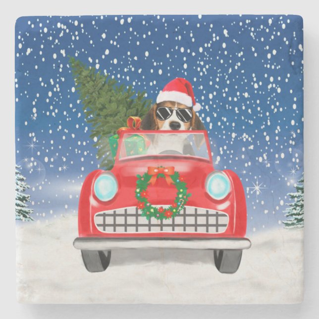 Beagle Dog Driving Car In Snow Christmas  Stone Coaster (Front)