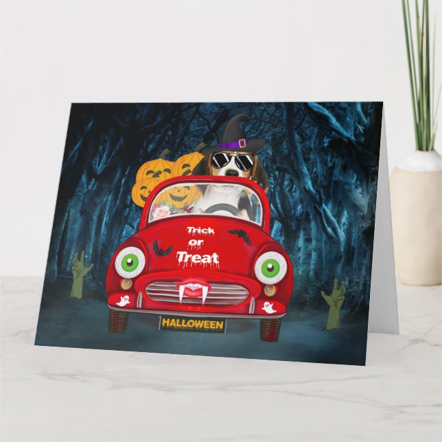 Beagle Dog Driving Car Scary Halloween Card (Front)
