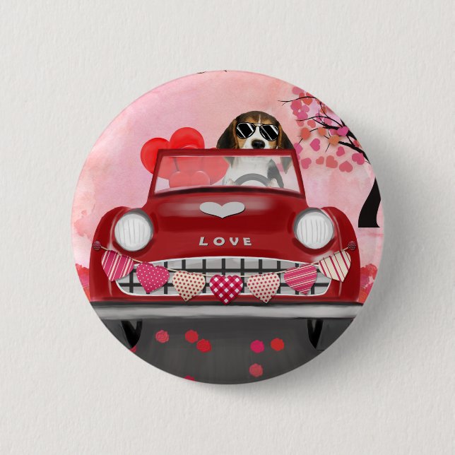 Beagle Dog Driving Car with Hearts Valentine's  6 Cm Round Badge (Front)