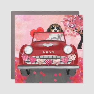 Beagle Dog Driving Car with Hearts Valentine's Car Magnet