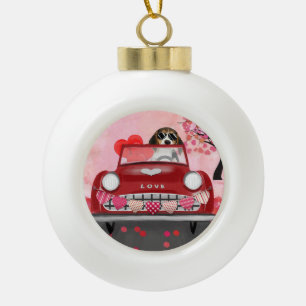 Beagle Dog Driving Car with Hearts Valentine's Ceramic Ball Christmas Ornament