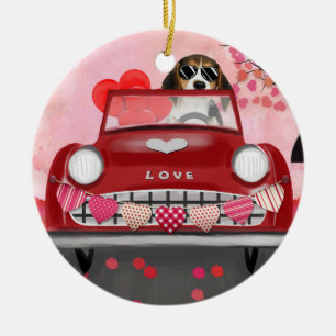 Beagle Dog Driving Car with Hearts Valentine's Ceramic Tree Decoration