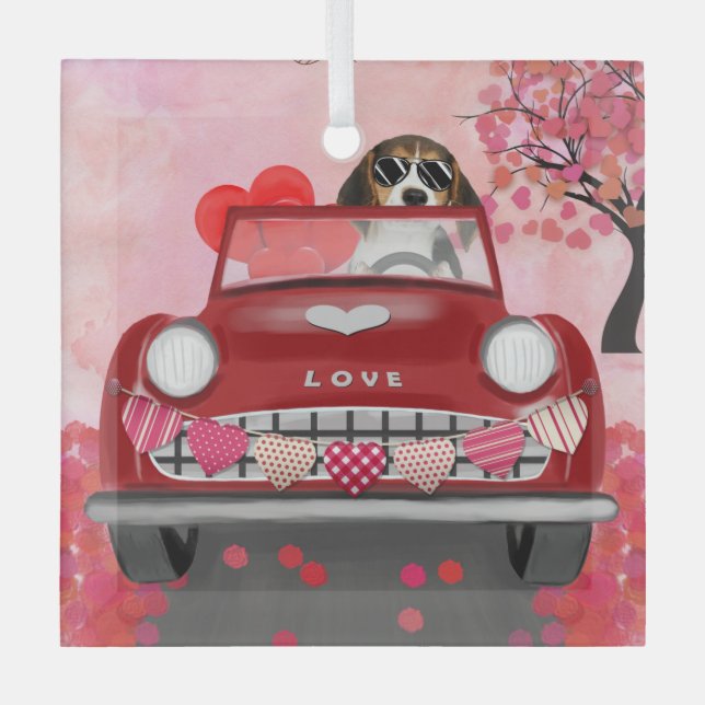 Beagle Dog Driving Car with Hearts Valentine's  Glass Tree Decoration (Front)