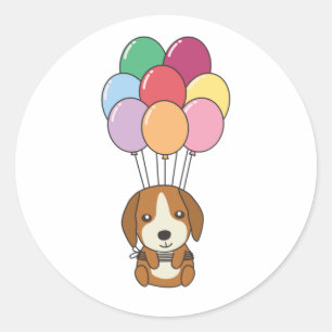 Beagle Dog Flies With Colourful Balloons Classic Round Sticker