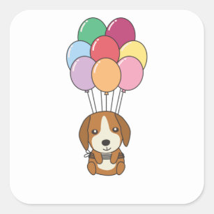Beagle Dog Flies With Colourful Balloons Square Sticker