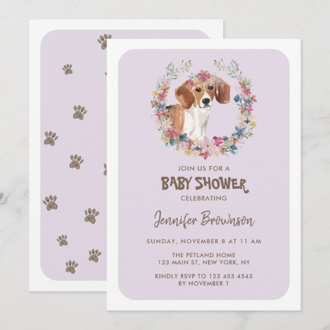 Beagle Dog Floral Crown Baby Shower Invitation (Front/Back)