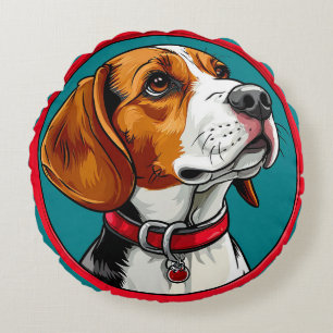 Beagle Dog in a Red Collar Round Cushion