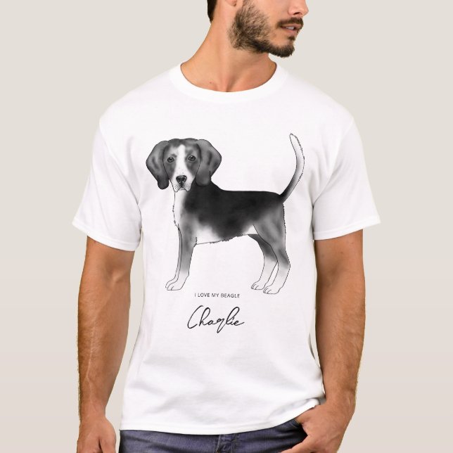 Beagle Dog In Black And White And Custom Text T-Shirt (Front)