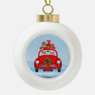 Beagle Dog In Car With Santa Claus Ceramic Ball Christmas Ornament