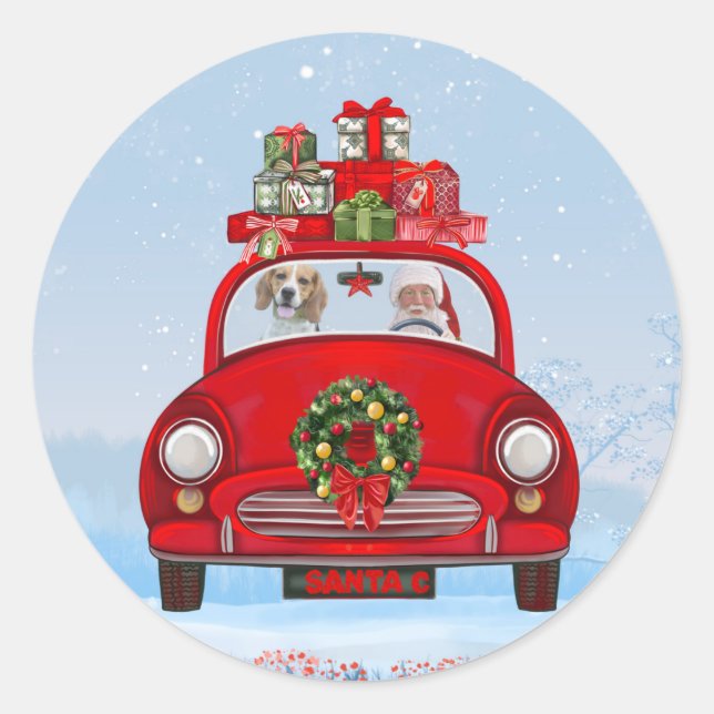 Beagle Dog In Car With Santa Claus  Classic Round Sticker (Front)
