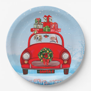 Beagle Dog In Car With Santa Claus Paper Plate