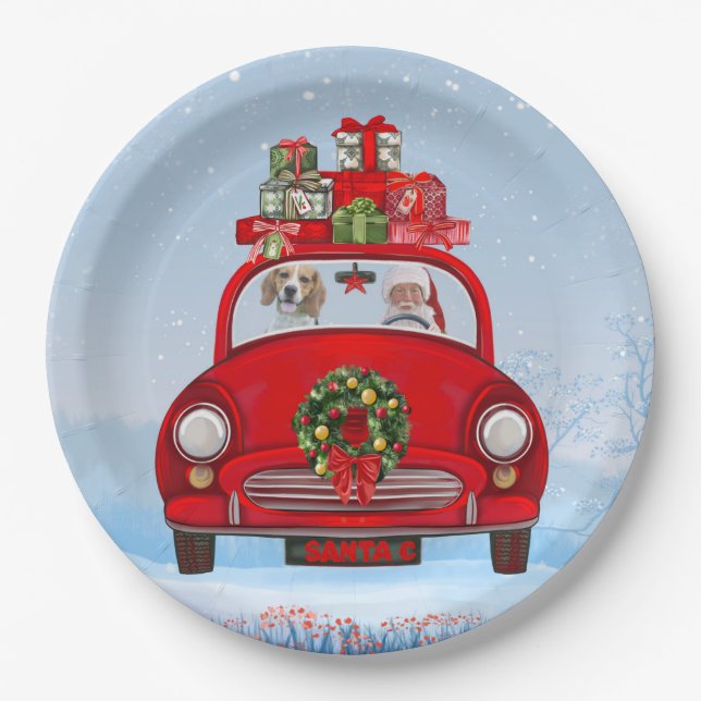 Beagle Dog In Car With Santa Claus Paper Plate (Front)