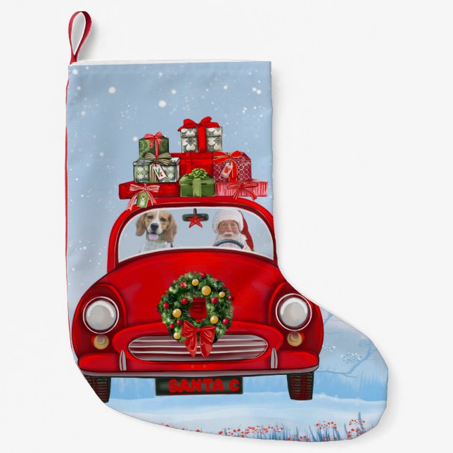 Beagle Dog In Car With Santa Claus Small Christmas Stocking (Front)