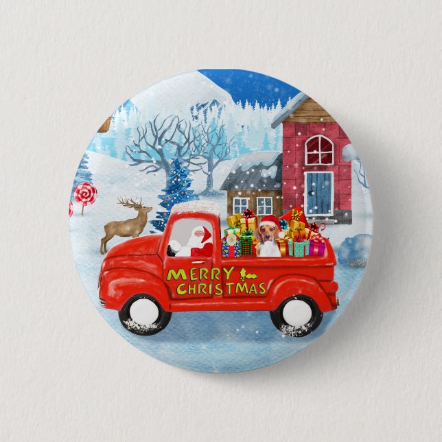 Beagle Dog in Christmas Delivery Truck Snow  6 Cm Round Badge (Front)