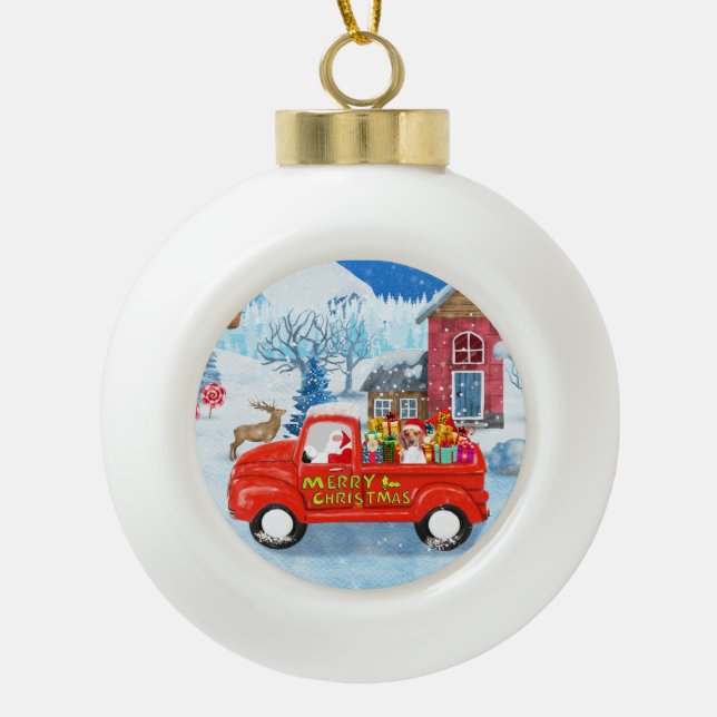 Beagle Dog in Christmas Delivery Truck Snow Ceramic Ball Christmas Ornament (Front)