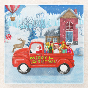 Beagle Dog in Christmas Delivery Truck Snow Glass Coaster