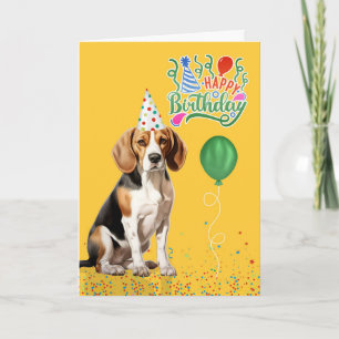 Beagle Dog in Party Hat on Yellow Birthday Card