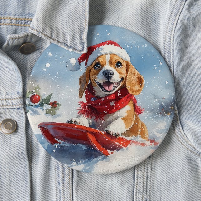 Beagle Dog in Sledge Let it Snow Christmas 6 Cm Round Badge (In Situ)