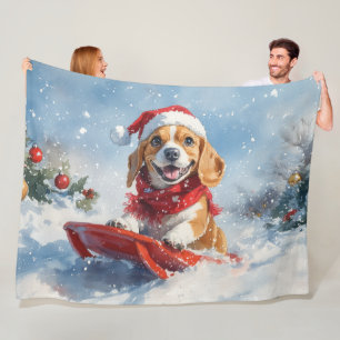 Beagle Dog in Sledge Let it Snow Christmas Fleece Blanket
