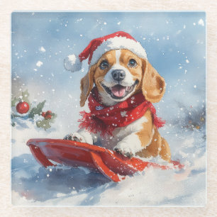 Beagle Dog in Sledge Let it Snow Christmas Glass Coaster