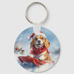 Beagle Dog in Sledge Let it Snow Christmas Key Ring