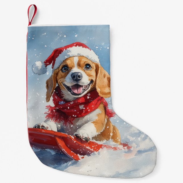 Beagle Dog in Sledge Let it Snow Christmas Small Christmas Stocking (Front)