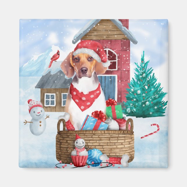 Beagle Dog In snow Christmas Dog House Magnet (Front)
