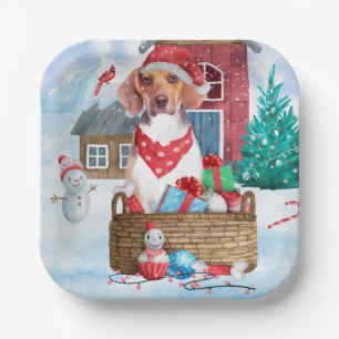 Beagle Dog In snow Christmas Dog House Paper Plate
