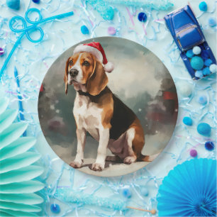 Beagle Dog in Snow Christmas Paper Plate