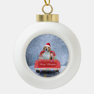Beagle Dog in Snow sitting in Christmas Truck Ceramic Ball Christmas Ornament