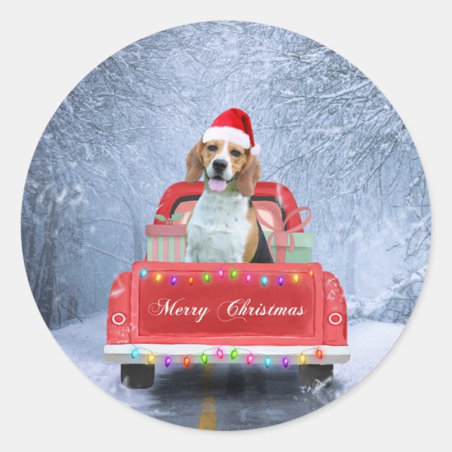 Beagle Dog in Snow sitting in Christmas Truck Classic Round Sticker (Front)
