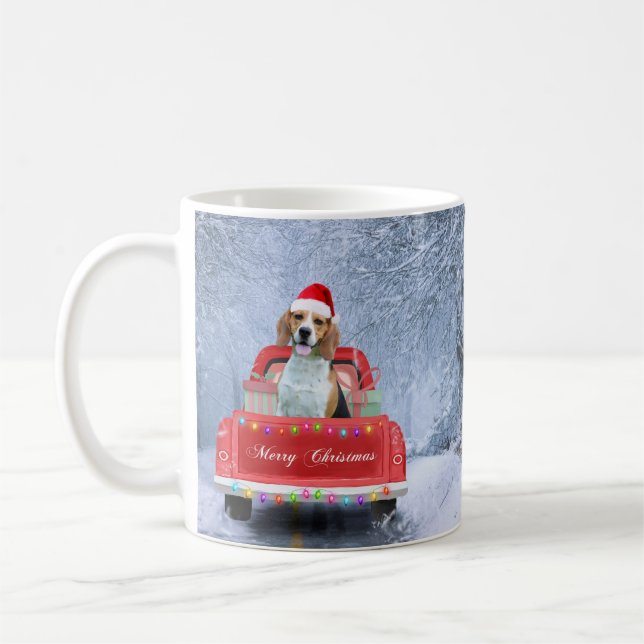 Beagle Dog in Snow sitting in Christmas Truck  Coffee Mug (Left)