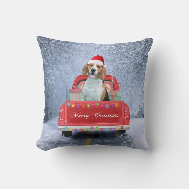  Beagle Dog in Snow sitting in Christmas Truck Cushion (Front)