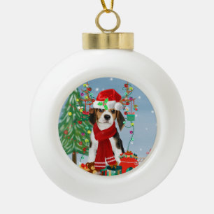 Beagle Dog in Snow with Christmas Gifts  Ceramic Ball Christmas Ornament