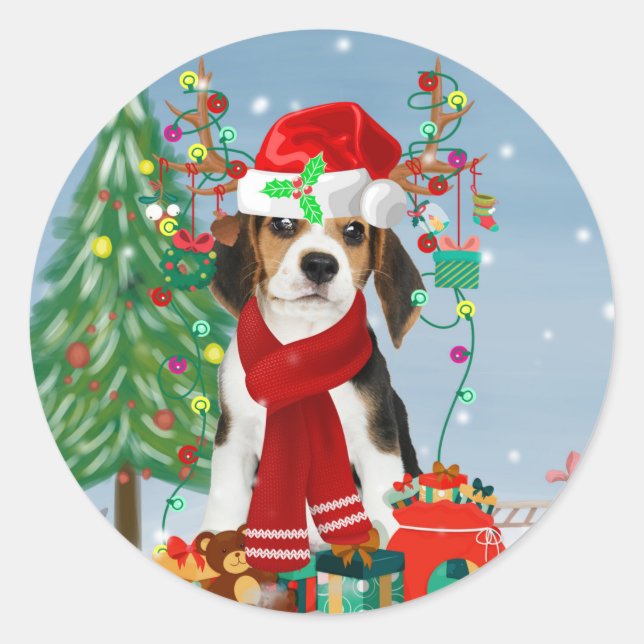 Beagle Dog in Snow with Christmas Gifts Classic Round Sticker (Front)
