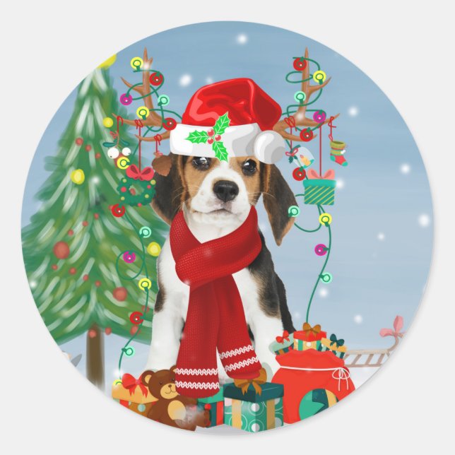 Beagle Dog in Snow with Christmas Gifts   Classic Round Sticker (Front)