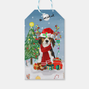 Beagle Dog in Snow with Christmas Gifts   Gift Tags